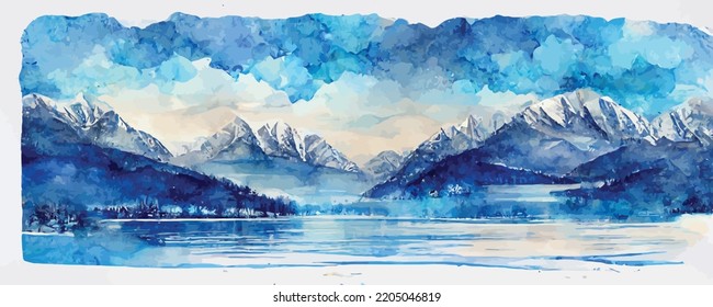 watercolor art background with mountains and lake