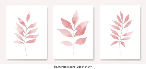 Watercolor art background with pink tropical leaves. Vector botanical set for decor, print, interior design.