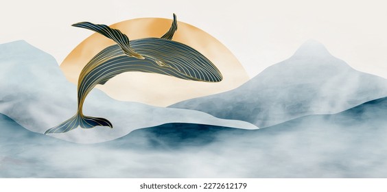 Watercolor art background with sea, mountains and whale in gold art line. Modern style hand drawn ink print for wallpaper design, banner, creative wall, decor, textile.