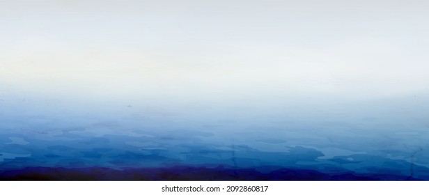 Watercolor art background with sea or ocean in fog in blue tones. Landscape banner with water and waves for interior design, wallpaper, print