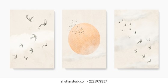 Watercolor art background with sun and birds in the sky. Vector set of posters for decor, print, textile, wallpaper, interior design.