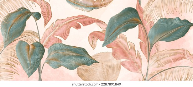 Watercolor art background with tropical palm leaves with gold line art elements. Botanical banner with exotic plants for decoration, print, textile, wallpaper, interior design.