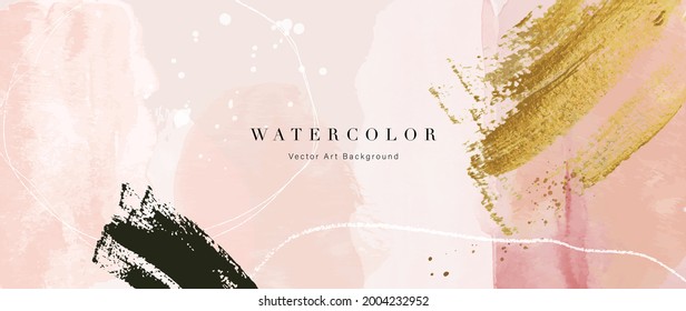 Vector de fondo de arte acuarela. Diseño de fondo de escritorio con pincel de pintura y arte de línea dorada. Color de la tierra azul, rosa, marfil, color de agua beige Ilustración para impresiones, arte de pared, cubierta y tarjetas de invitación.