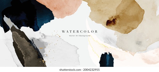 Watercolor art background vector. Wallpaper design with paint brush and gold line art. Earth tone blue, pink, ivory, beige watercolor Illustration for prints, wall art, cover and invitation cards.