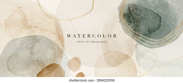 Watercolor art background vector. Wallpaper design with paint brush and gold line art. Earth tone blue, pink, ivory, beige watercolor Illustration for prints, wall art, cover and invitation cards. - Shutterstock ID 2004232958