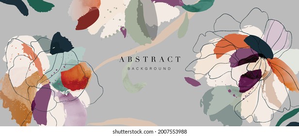 Watercolor art background vector. Wallpaper design with flower paint brush line art. Earth tone blue, pink, ivory, beige watercolor Illustration for prints, wall art, cover and invitation.