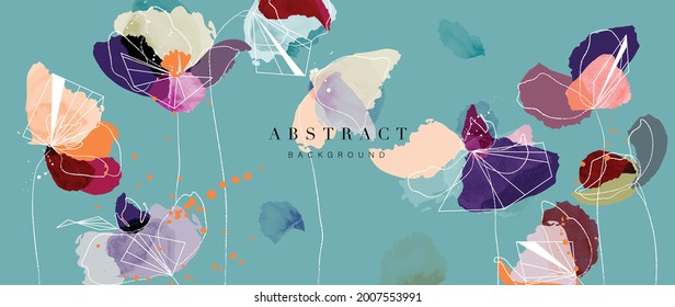 Watercolor art background vector. Wallpaper design with flower paint brush line art. Earth tone blue, pink, ivory, beige watercolor Illustration for prints, wall art, cover and invitation.