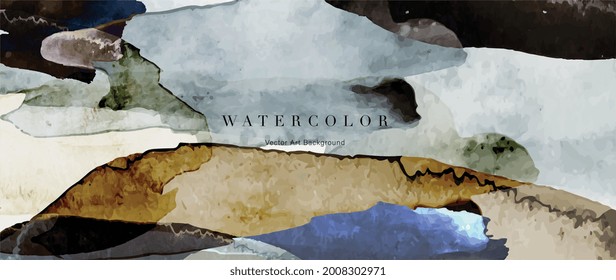 Watercolor art background vector. Wallpaper design with paint brush and gold line art. Earth tone blue, pink, ivory, beige watercolor Illustration for prints, wall art, cover and invitation cards.