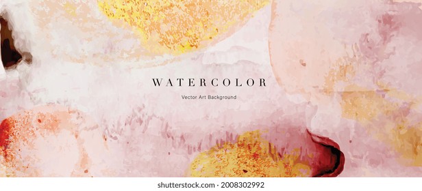 Watercolor art background vector. Wallpaper design with paint brush and gold line art. Earth tone blue, pink, ivory, beige watercolor Illustration for prints, wall art, cover and invitation cards.