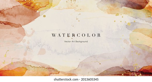 Watercolor art background vector. Wallpaper design with paint brush and gold texture. Earth tone, brown,  pink, ivory, beige watercolor Illustration for prints, wall art, cover and invitation cards.