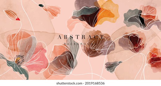 Watercolor art background vector. Wallpaper design with flower paint brush line art. Earth tone blue, pink, ivory, beige watercolor Illustration for prints, wall art, cover and invitation.