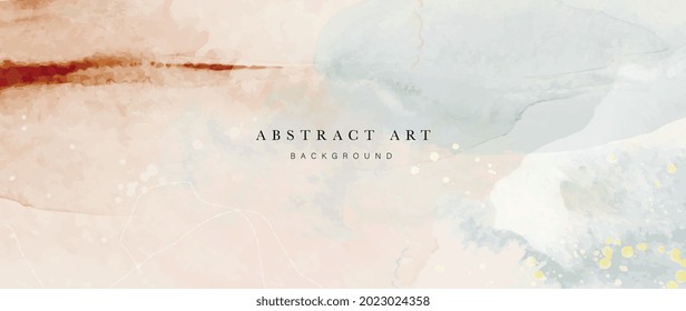 Watercolor art background vector. Wallpaper design with paint brush and gold line art. Earth tone blue, pink, ivory, beige watercolor Illustration for prints, wall art, cover and invitation cards.