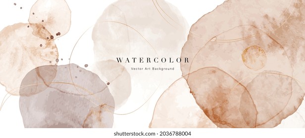 Watercolor art background vector. Wallpaper design with paint brush and gold line art. Earth tone blue, pink, ivory, beige watercolor Illustration for prints, wall art, cover and invitation cards.