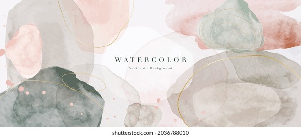 Vector de fondo de arte acuarela. Diseño de fondo de escritorio con pincel de pintura y arte de línea dorada. Color de la tierra azul, rosa, marfil, color de agua beige Ilustración para impresiones, arte de pared, cubierta y tarjetas de invitación.