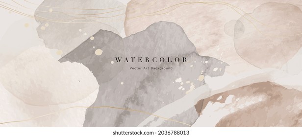 Watercolor art background vector. Wallpaper design with paint brush and gold line art. Earth tone blue, pink, ivory, beige watercolor Illustration for prints, wall art, cover and invitation cards.