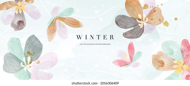 Watercolor Art Background Vector. Wallpaper Design With Winter Flower Paint Brush Line Art. Earth Tone Blue, Pink, Ivory, Beige Watercolor Illustration For Prints, Wall Art, Cover And Invitation.