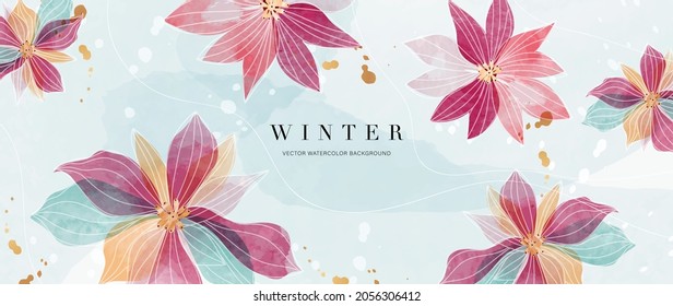 Watercolor art background vector. Wallpaper design with winter flower paint brush line art. Earth tone blue, pink, ivory, beige watercolor Illustration for prints, wall art, cover and invitation.