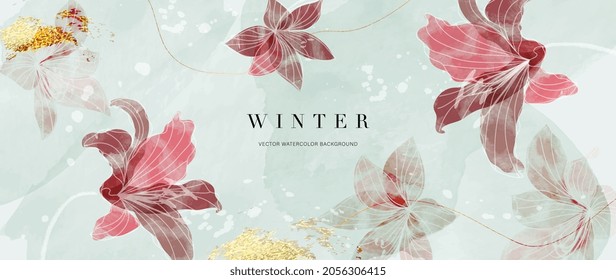 Watercolor art background vector. Wallpaper design with winter flower paint brush line art. Earth tone blue, pink, ivory, beige watercolor Illustration for prints, wall art, cover and invitation.