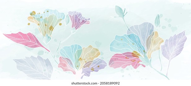 Watercolor art background vector  Wallpaper design and winter flower paint brush line art  Earth tone blue  pink  ivory  beige watercolor Illustration for prints  wall art  cover   invitation 