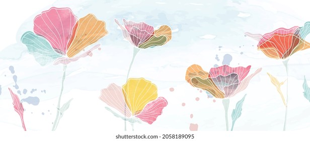 Watercolor art background vector. Wallpaper design with winter flower paint brush line art. Earth tone blue, pink, ivory, beige watercolor Illustration for prints, wall art, cover and invitation.