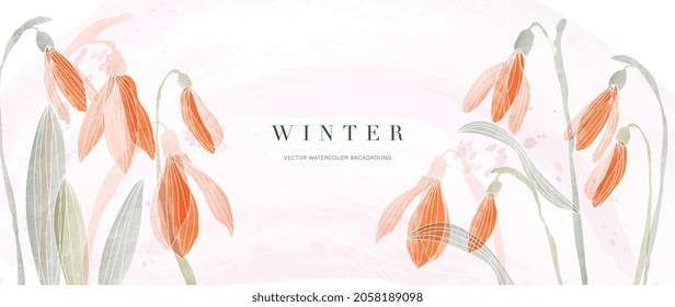 Watercolor art background vector. Wallpaper design with winter flower paint brush line art. Earth tone blue, pink, ivory, beige watercolor Illustration for prints, wall art, cover and invitation.