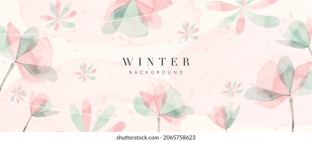 Watercolor art background vector. Wallpaper design with winter flower paint brush line art. Earth tone blue, pink, ivory, beige watercolor Illustration for prints, wall art, cover and invitation.