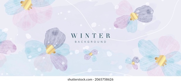 Watercolor art background vector. Wallpaper design with winter flower paint brush line art. Earth tone blue, pink, ivory, beige watercolor Illustration for prints, wall art, cover and invitation.