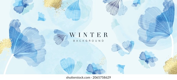 Watercolor art background vector. Wallpaper design with winter flower paint brush line art. Earth tone blue, pink, ivory, beige watercolor Illustration for prints, wall art, cover and invitation.