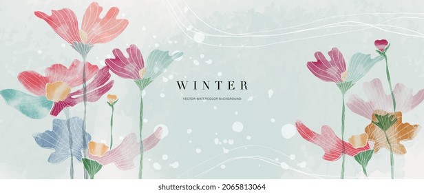 Watercolor art background vector. Wallpaper design with winter flower paint brush line art. Earth tone blue, pink, ivory, beige watercolor Illustration for prints, wall art, cover and invitation.