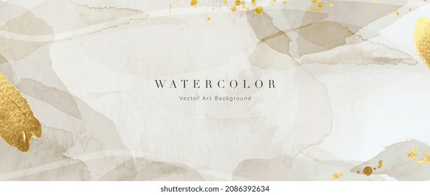 Watercolor art background vector. Wallpaper design with paint brush and gold line art. Earth tone blue, pink, ivory, beige watercolor Illustration for prints, wall art, cover and invitation cards.