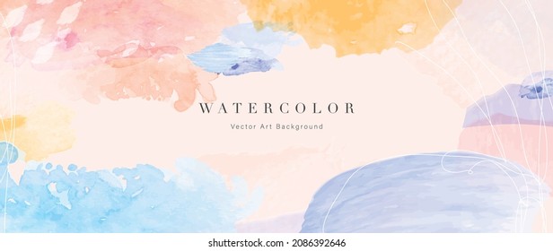 Watercolor art background vector. Wallpaper design with paint brush and gold line art. Earth tone blue, pink, ivory, beige watercolor Illustration for prints, wall art, cover and invitation cards.