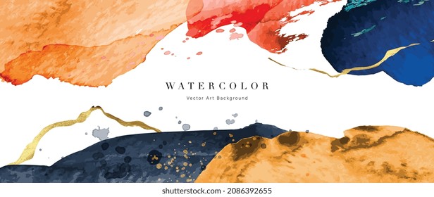Watercolor art background vector. Wallpaper design with paint brush and gold line art. Earth tone blue, pink, ivory, beige watercolor Illustration for prints, wall art, cover and invitation cards.