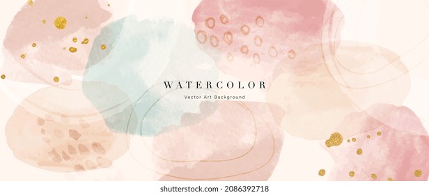 Watercolor art background vector. Wallpaper design with paint brush and gold line art. Earth tone blue, pink, ivory, beige watercolor Illustration for prints, wall art, cover and invitation cards.