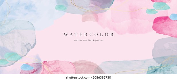 Watercolor art background vector. Wallpaper design with paint brush and gold line art. Earth tone blue, pink, ivory, beige watercolor Illustration for prints, wall art, cover and invitation cards.