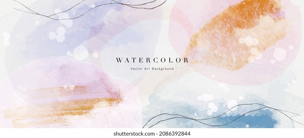 Watercolor art background vector. Wallpaper design with paint brush and gold line art. Earth tone blue, pink, ivory, beige watercolor Illustration for prints, wall art, cover and invitation cards.