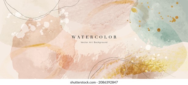 Watercolor art background vector. Wallpaper design with paint brush and gold line art. Earth tone blue, pink, ivory, beige watercolor Illustration for prints, wall art, cover and invitation cards.
