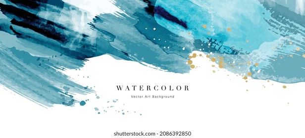 Watercolor art background vector. Wallpaper design with paint brush and gold line art. Earth tone blue, pink, ivory, beige watercolor Illustration for prints, wall art, cover and invitation cards.