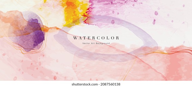 Watercolor art background vector. Wallpaper design with paint brush and gold line art. Earth tone blue, pink, ivory, beige watercolor Illustration for prints, wall art, cover and invitation cards.