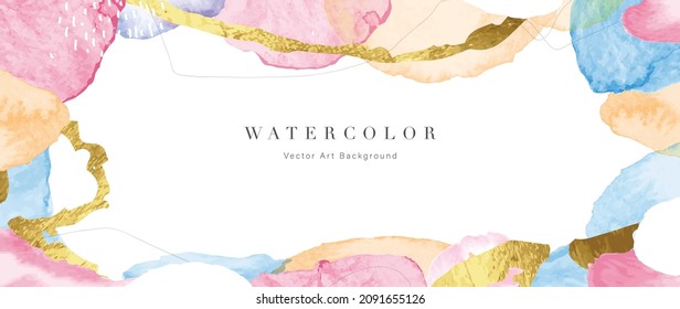 Watercolor art background vector. Wallpaper design with paint brush and gold line art. Earth tone beige watercolor Illustration for prints, wall art, cover and invitation cards.