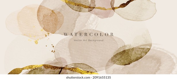 Watercolor art background vector. Wallpaper design with paint brush and gold line art. Earth tone beige watercolor Illustration for prints, wall art, cover and invitation cards.