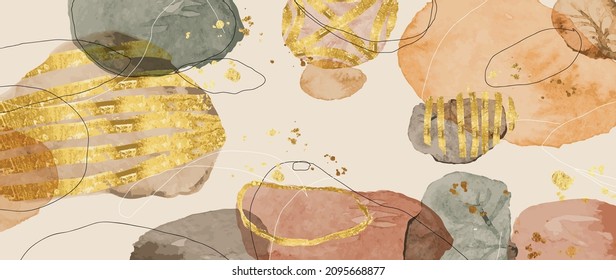 Vektorgrafik der Aquarellfarben. Tapete-Design mit Malpinsel und goldener Linienkunst. Erdtonblau, Rosa, Elfenbein, beige Aquarell-Illustration für Drucke, Wandkunst, Cover und Einladungskarten.