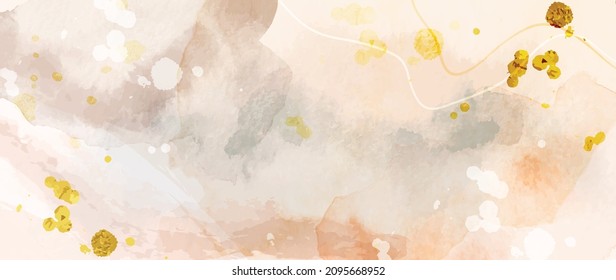 Watercolor art background vector. Wallpaper design with paint brush and gold line art. Earth tone blue, pink, ivory, beige watercolor Illustration for prints, wall art, cover and invitation cards.