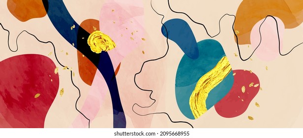 Watercolor art background vector. Wallpaper design with paint brush and gold line art. Earth tone blue, pink, ivory, beige watercolor Illustration for prints, wall art, cover and invitation cards.