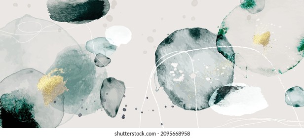 Watercolor art background vector. Wallpaper design with paint brush and gold line art. Earth tone blue, pink, ivory, beige watercolor Illustration for prints, wall art, cover and invitation cards.