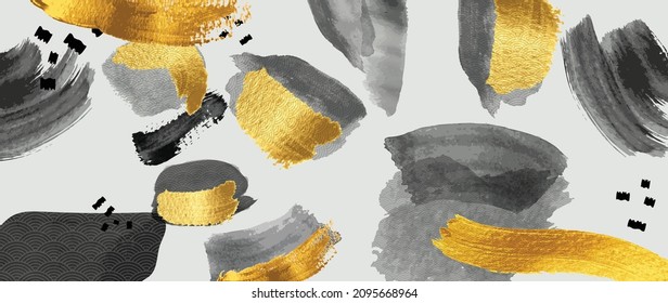 Watercolor art background vector. Wallpaper design with paint brush and gold line art. Earth tone blue, pink, ivory, beige watercolor Illustration for prints, wall art, cover and invitation cards.