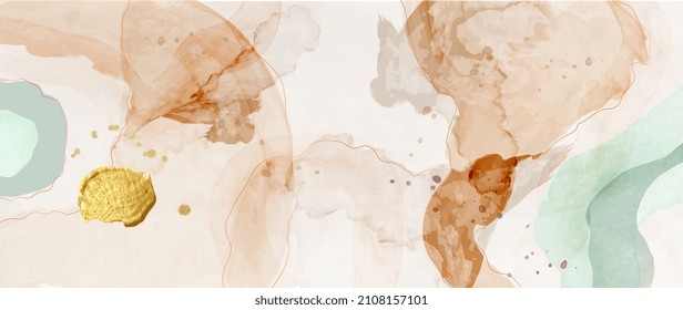Watercolor art background vector. Wallpaper design with paint brush and gold line art. Earth tone blue, pink, ivory, beige watercolor Illustration for prints, wall art, cover and invitation cards.