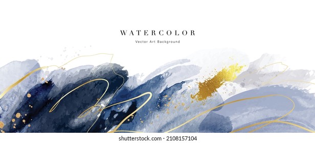 Watercolor art background vector. Wallpaper design with paint brush and gold line art. Earth tone blue, pink, ivory, beige watercolor Illustration for prints, wall art, cover and invitation cards.