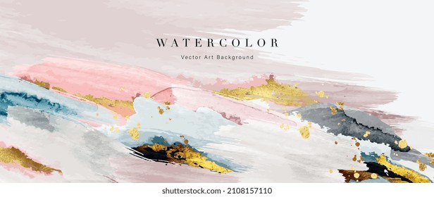 Watercolor art background vector. Wallpaper design with paint brush and gold line art. Earth tone blue, pink, ivory, beige watercolor Illustration for prints, wall art, cover and invitation cards.