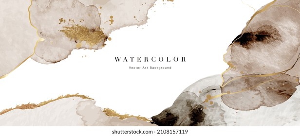 Watercolor art background vector. Wallpaper design with paint brush and gold line art. Earth tone blue, pink, ivory, beige watercolor Illustration for prints, wall art, cover and invitation cards.