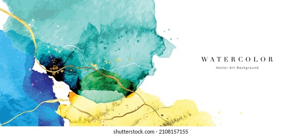 Watercolor art background vector. Wallpaper design with paint brush and gold line art. Earth tone blue, pink, ivory, beige watercolor Illustration for prints, wall art, cover and invitation cards.